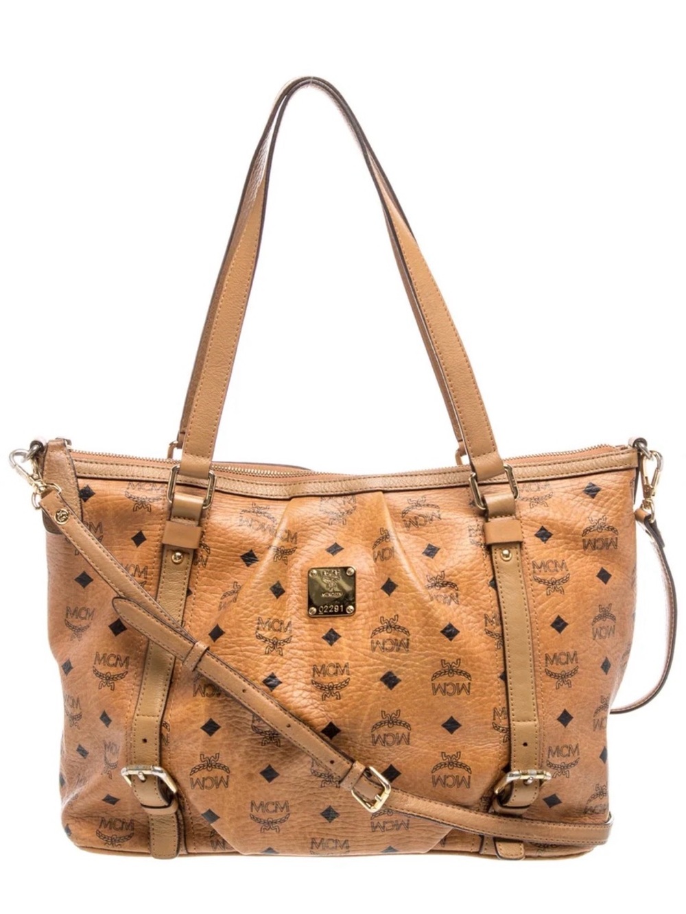 MCM Authentic Cognac Monogram Leather Shoulder Bag with Gold Hardware